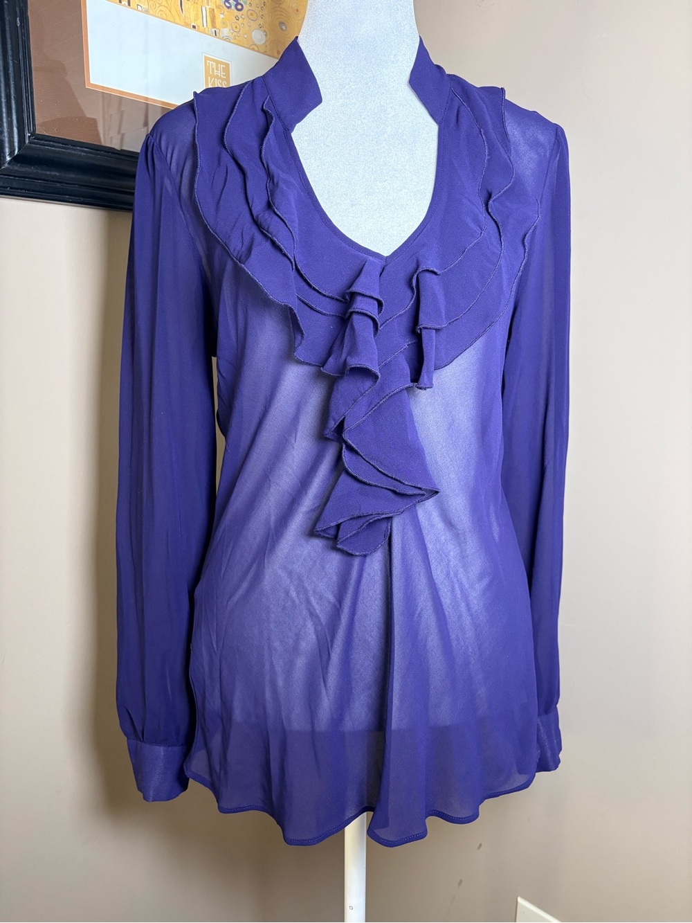 New York & Company Purple Ruffle V-Neck Long Sleeve Blouse